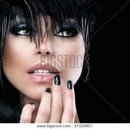 Picture or Photo of Fashion Art Portrait Of Beautiful Girl. Vogue Style Woman. Hairstyle. Black Hair and Nails. Isolated on Black Background. Beauty Stylish Model Portrait