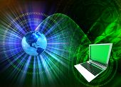 stock photo of computer technology  - abstract composition with binary data leaks laptop and earth globe - JPG 