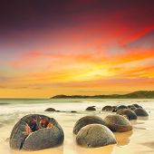 picture of sunset  - Moeraki Boulders at sunset - JPG 