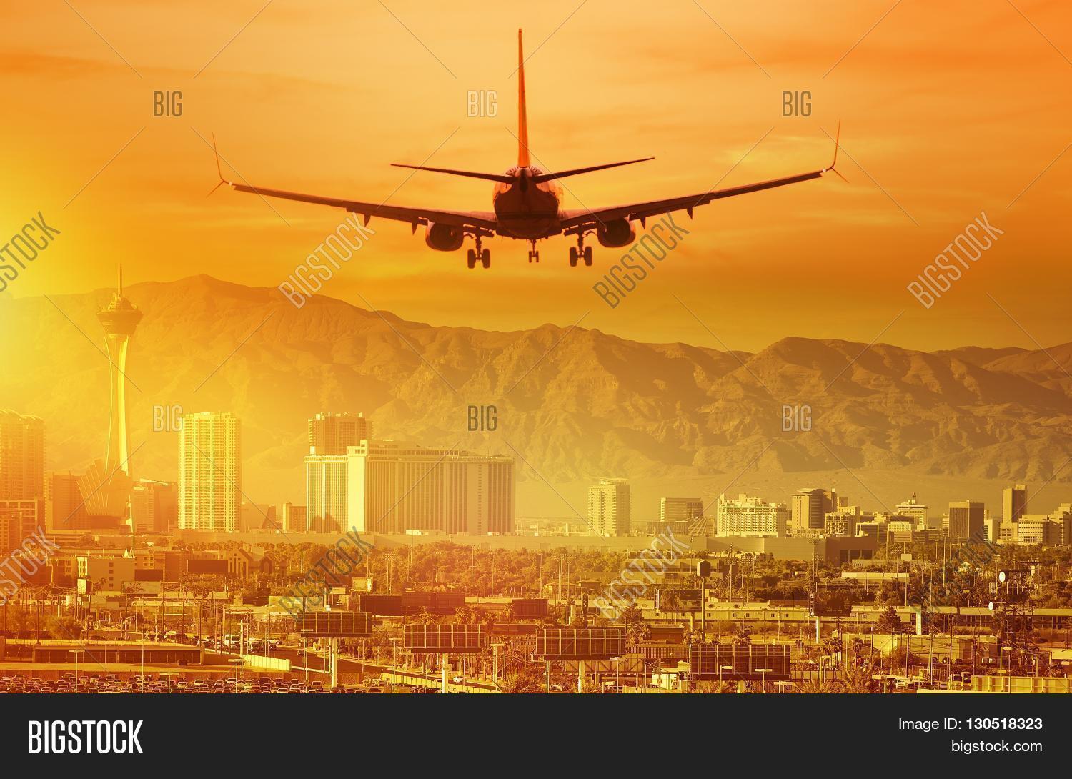 Vacation Airplane Trip to Las Vegas. Landing Aircraft in Las Vegas