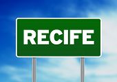 picture of road sign  - Green Recife Brazil highway sign on Cloud Background - JPG 
