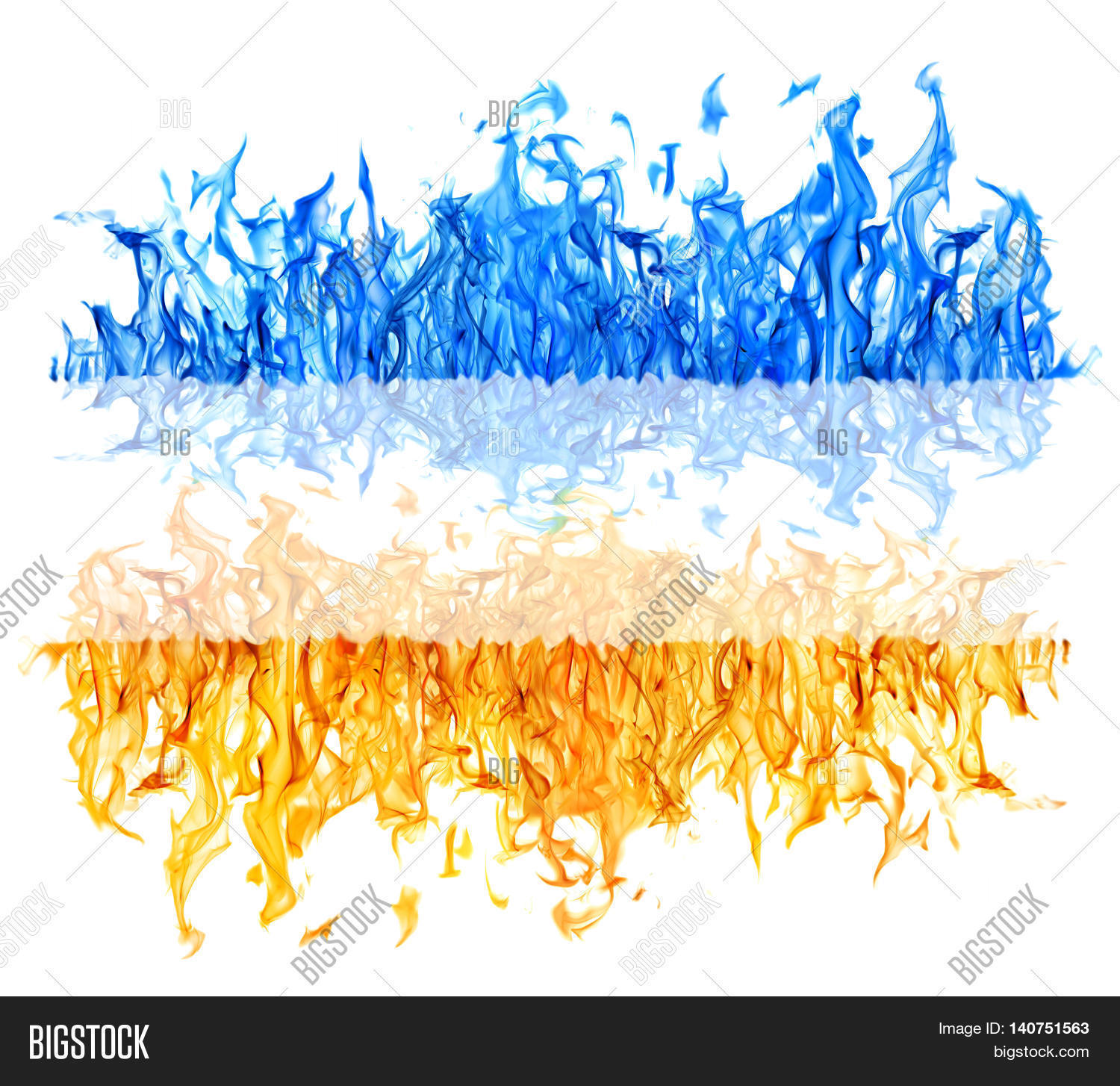 yellow and blue flame isolated on white background Stock Photo & Stock