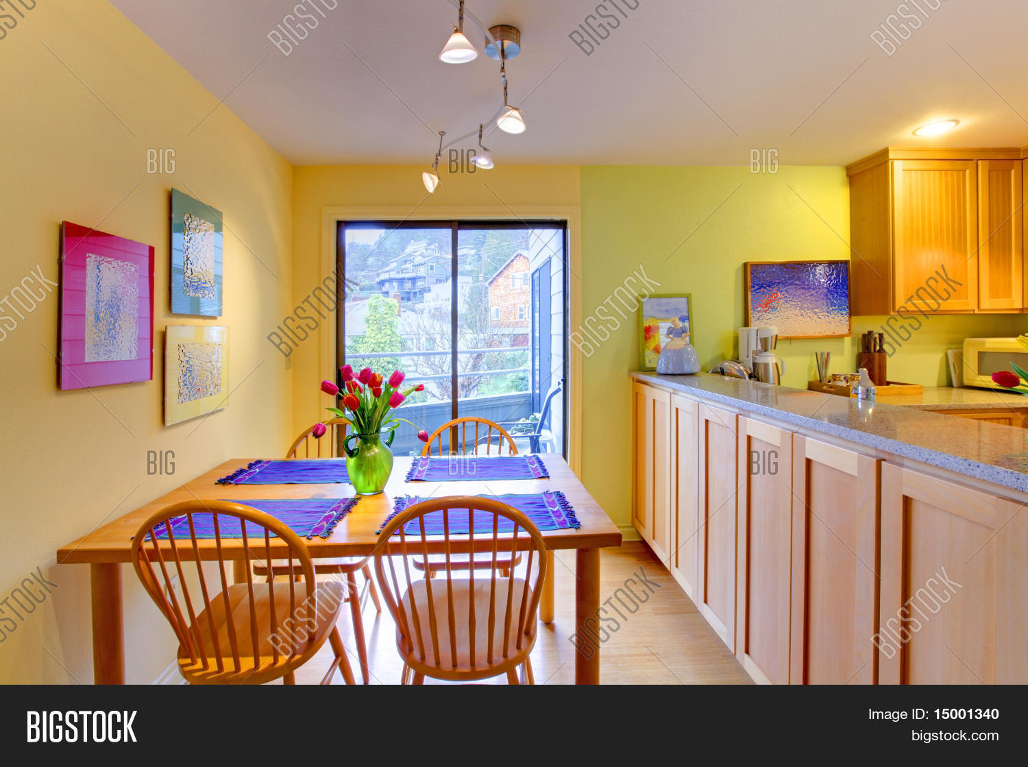 Hy Yellow And Purple Kitchen Dining Table Stock Photo Hy Yellow And Purple Kitchen Dining Table