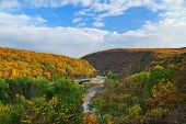 image of gap  - Delaware Water Gap panorama in Autumn with colorful foliage with forest and mountain over river - JPG 