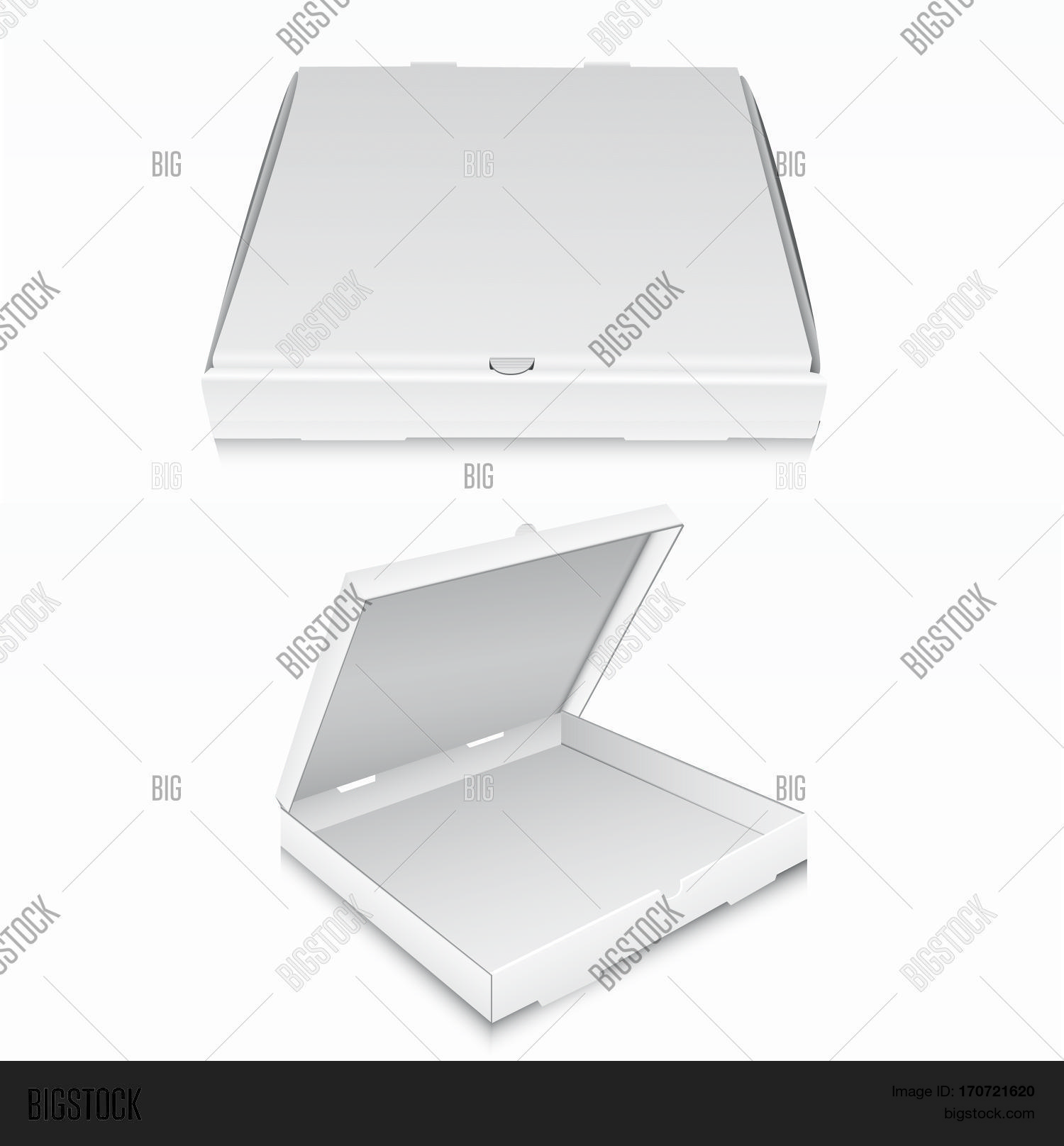 Blank pizza box design mock up set isolated. Carton packaging pizza box