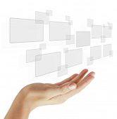 foto of future technology  - hand pushing on a touch screen interface - JPG 