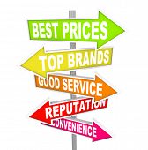 picture of competition  - Several colorful arrow street signs with words representing unique selling points for different stores  - JPG 