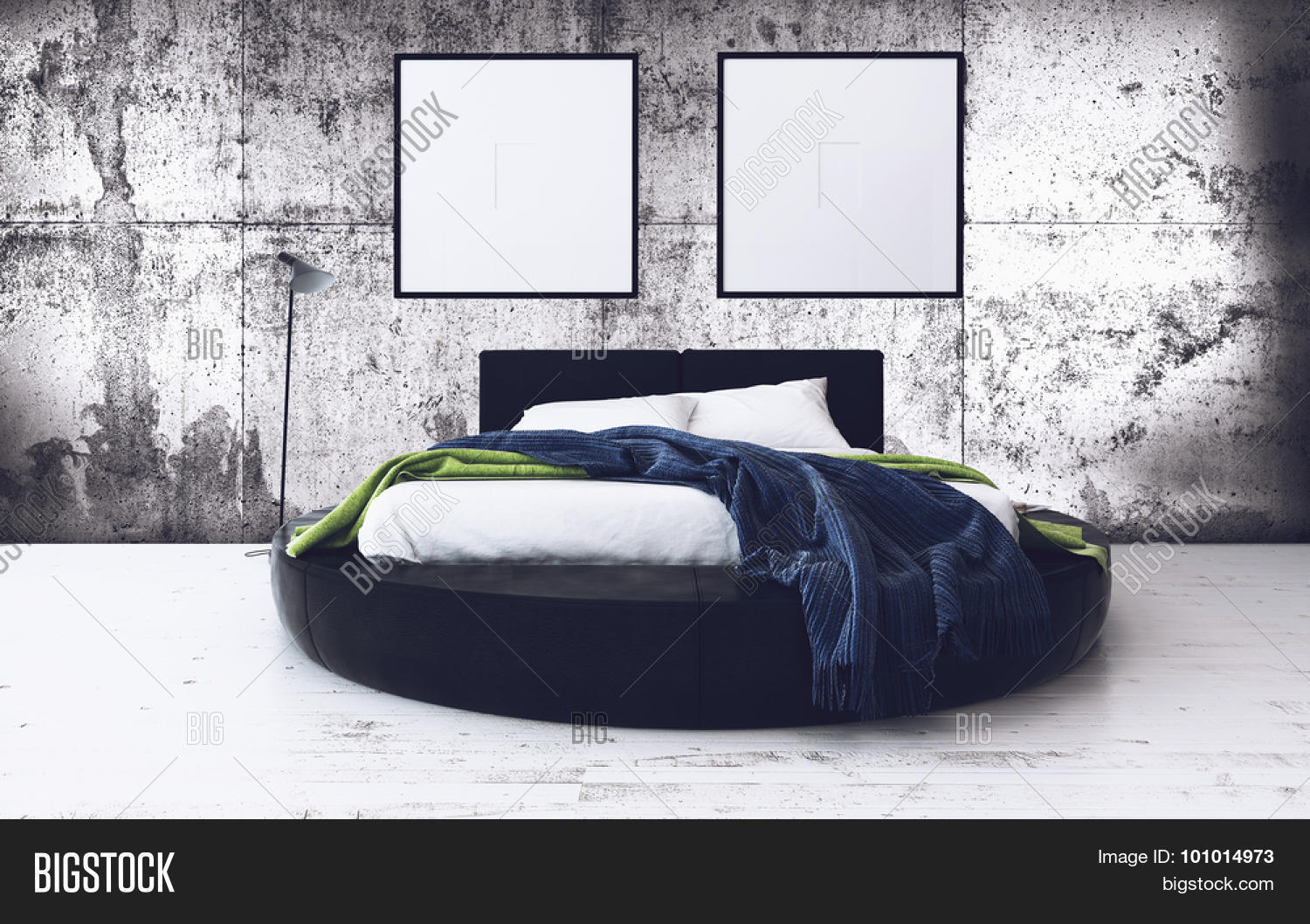 round bed and minimalist framed artwork in modern loft bedroom round bed and minimalist framed artwork in modern loft bedroom