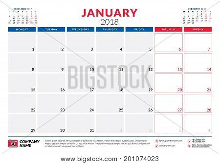 January 2018 Calendar Planner Vector Photo Bigstock