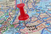 image of map  - Close up of map of New York with push pin on city - JPG 