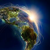 picture of globe  - Highly detailed planet Earth at night lit by the rising sun with embossed continents illuminated by light of cities translucent and reflective ocean - JPG 