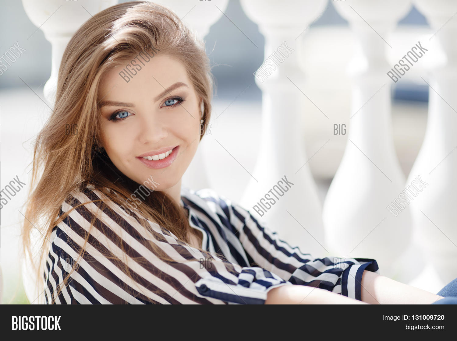 Portrait Of A Happy Woman In Spring City Blonde Long Straight Hair Portrait Of A Happy Woman In Spring City Blonde Long Straight Hair Blue Eyes