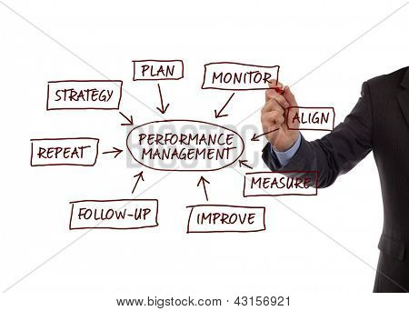 Picture or Photo of Performance management flow chart showing key business terms strategy, plan, monitor, align, measure, improve, follow-up and repeat