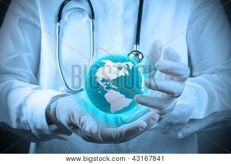 Picture or Photo of Medical Doctor holding a world gobe in her hands as medical network