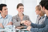 picture of meeting  - Happy smiling businesswoman shaking hands after a business meeting - JPG 