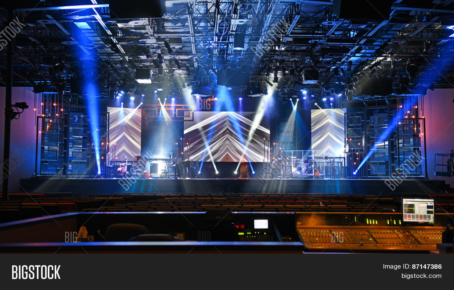Concert stage with lights and musical instruments Stock Photo & Stock