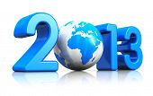 picture of globe  - Creative New Year 2013 concept with blue glossy Earth globe isolated on white background with reflection effect - JPG 