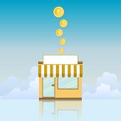 stock photo of yield  - Vector illustration of a small store yielding gold coins - JPG 