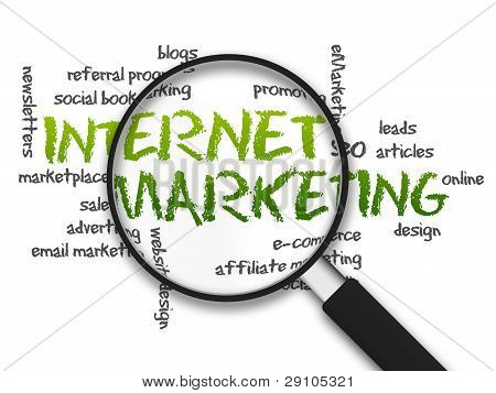 Picture or Photo of Magnified illustration with the word Internet Marketing on white background.
