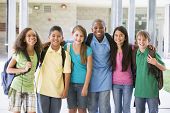 picture of student  - Six students standing outside school together smiling - JPG 