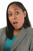 pic of business people  - Attractive thirty year old woman in business suit with surprised expression over white background - JPG 