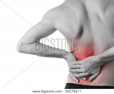 Picture or Photo of Rear view of a young man holding his back in pain isolated on white background monochrome photo with red as a symbol for the hardening
