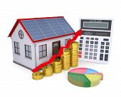 image of finance  - House with solar panels calculator schedule and coins - JPG 