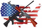 picture of map  - Assault Rifles AR 15 and AK 47 Semi Automatic Weapons on USA Map Flag Second Amendments Consitution Illustration - JPG 