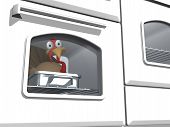 image of toon  - Toon Thanksgiving Turkey in a roasting pan looking out of the window of an oven - JPG 