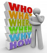 pic of answer  - A thinking person stands beside many questions who - JPG 