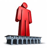 image of group  - Group Support business concept with a giant red leader person being lifted and moved forward in solidarity by a loyal team of cooperating individuals for a strong organization - JPG 