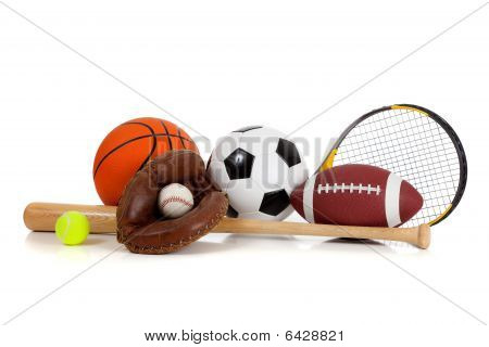 Picture or Photo of Assorted sports equipment including a basketball soccer ball tennis ball baseball bat tennis racket football and baseball glove on a white background