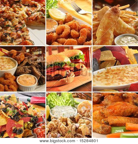 Picture or Photo of Collage of pub food including cheese burgers, wings, nachos, fries, pizza, ribs, deep fried prawns and calamari.