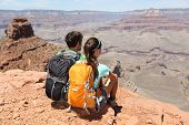 stock photo of nature  - Hikers in Grand Canyon enjoying view of nature landscape - JPG 