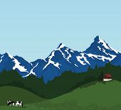 picture of hut  - beautiful mountain landscape hut and black and white cows eating on pasture - JPG 