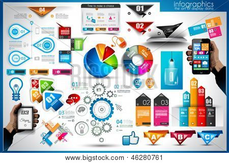 Picture or Photo of Infographic elements - set of paper tags, technology icons, cloud cmputing, graphs, paper tags, arrows, world map and so on. Ideal for statistic data display.