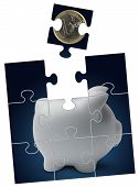 stock photo of puzzle  - Piggy bank with euro coin in a puzzle - JPG 