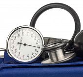 stock photo of pressure  - Sphygmomanometer and stethoscope kit used to measure blood pressure isolated on white - JPG 