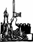 pic of watch  - Expressionist woodcut style WomanSaint or Witch being burned at the stake being watched by a crowd - JPG 