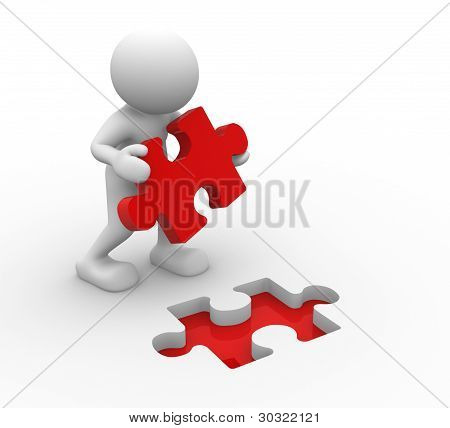 Picture or Photo of 3d people - human character person and last piece of puzzle ( jigsaw). 3d render