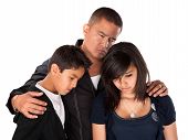image of family  - Hispanic father with kids looking down and sad on white background - JPG 