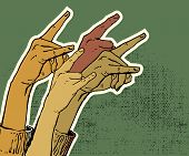 stock photo of rocks  - hands up showing rock sign grunge illustration - JPG 