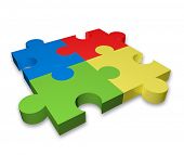 stock photo of puzzle  - 3d puzzle icon with four color puzzle pieces - JPG 