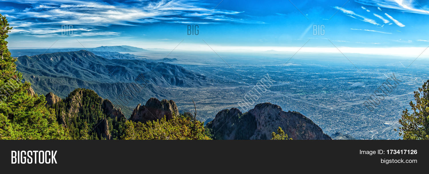A view of Albuquerque New Mexico (Elev. 5312 ft.) from the 10678 foot elevation of Sandia Crest