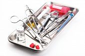 foto of medical  - Medical instruments in a steel tray - JPG 