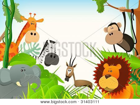 Picture or Photo of Illustration of cute various cartoon wild animals from african savannah including lion elephantgiraffe gazelle monkey and zebra with jungle background