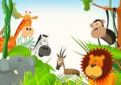 stock photo of animals  - Illustration of cute various cartoon wild animals from african savannah including lion elephantgiraffe gazelle monkey and zebra with jungle background - JPG 