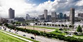 foto of science  - Baltimore Maryland Inner Harbor and downtown business district skyline cityscape panoramic view with Science Center and marina at Rash Field from Federal Hill Park overlook - JPG 
