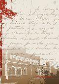 stock photo of blue sky  - Antique grunge background wit an overprinted manuscript letter and a castle in the back - JPG 
