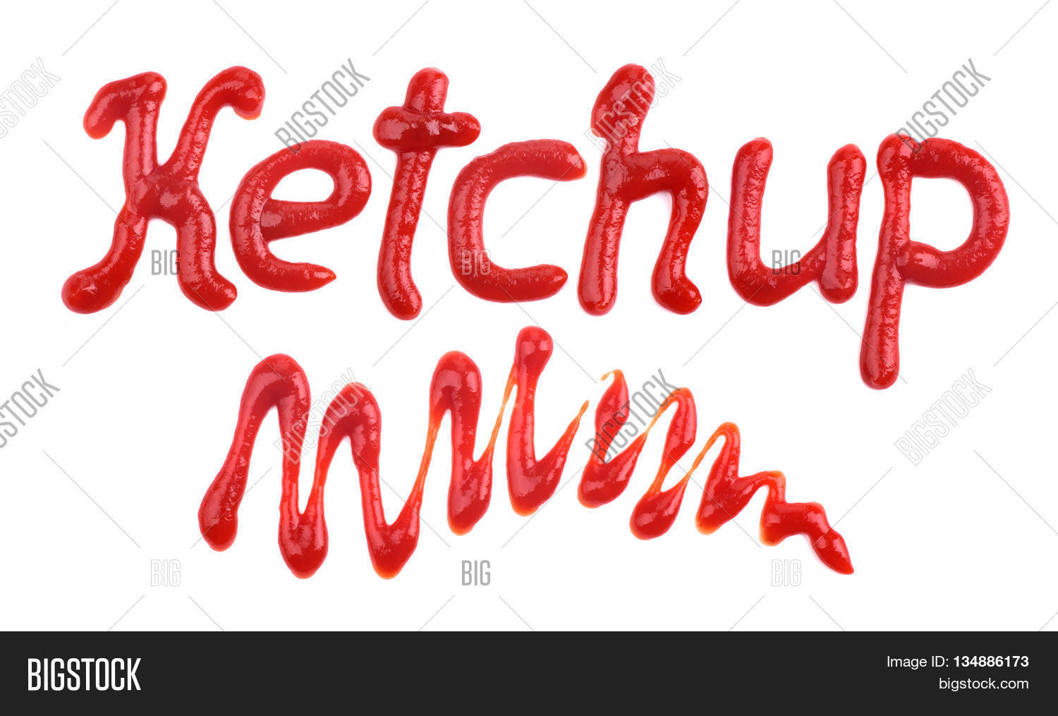 The word "ketchup" written with ketchup on white Stock Photo & Stock